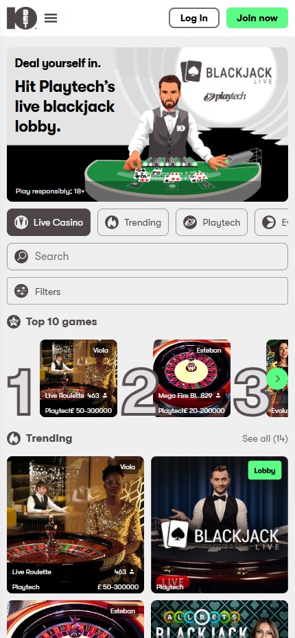 10Bet Casino mobile lobby